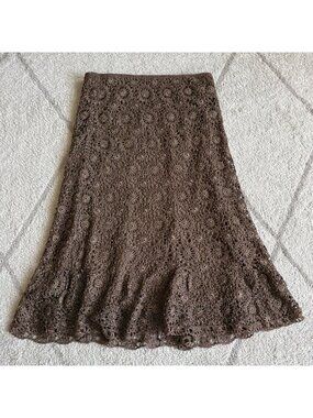 Carmen Marc Valvo Lace Overlay Beaded Floral Crochet Boho Midi Skirt Sz S